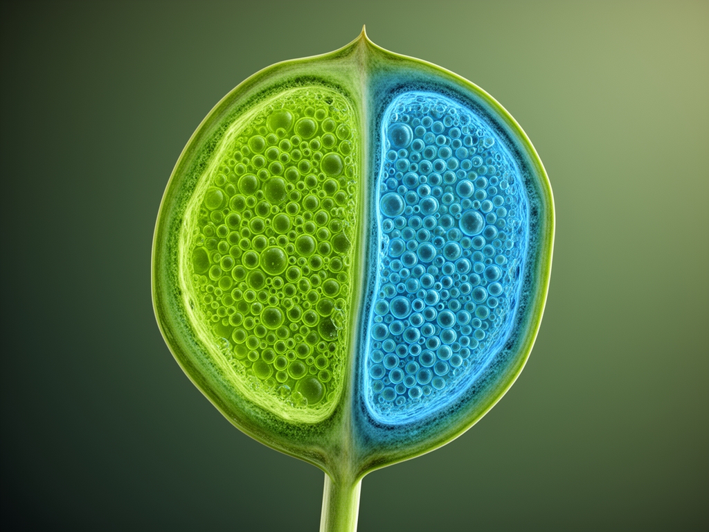 Abstrakcyjna ilustracja przekroju rośliny z widocznymi strukturami komórkowymi, zielone i niebieskie odcienie, naukowy styl wizualizacji