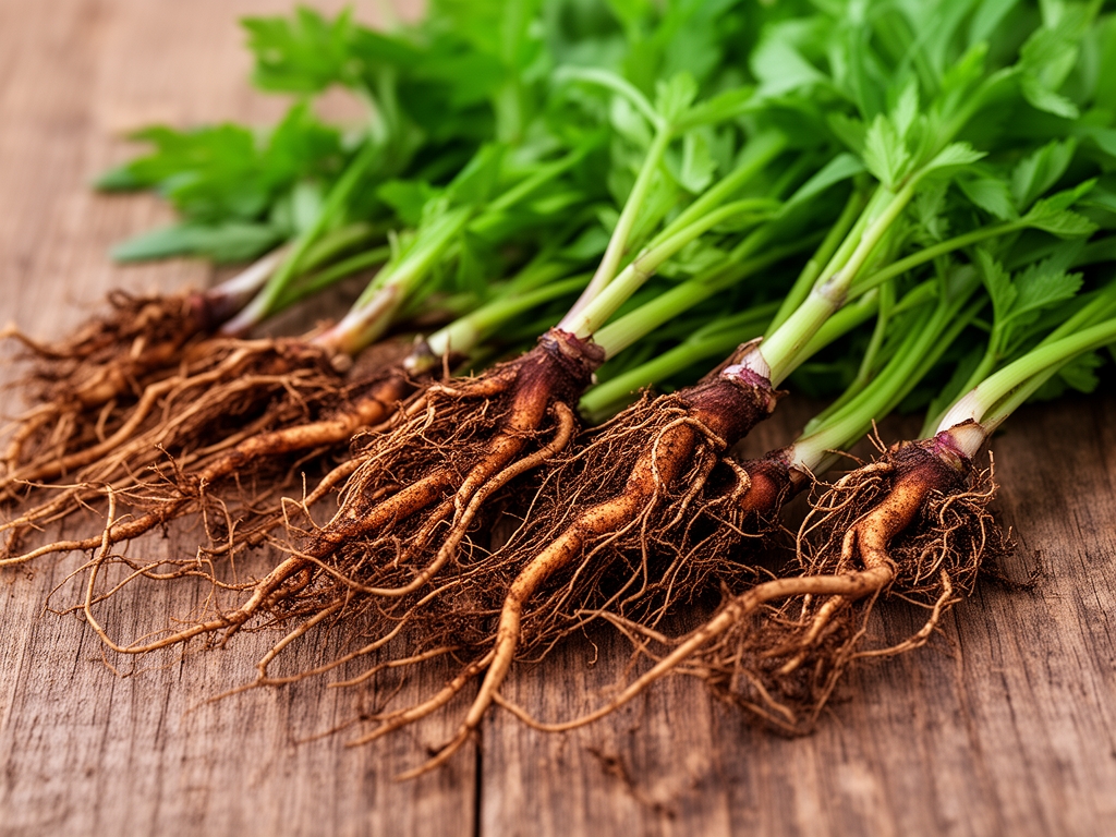 Zbliżenie korzeni i łodyg roślin leczniczych ułożonych na drewnianej powierzchni, naturalne odcienie brązu i zieleni